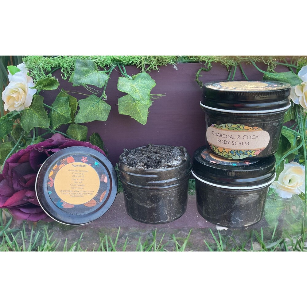 Charcoal Cocoa Body Scrub, Natural Sugar Scrub, Shea Butter, Smooth Glowing Skin